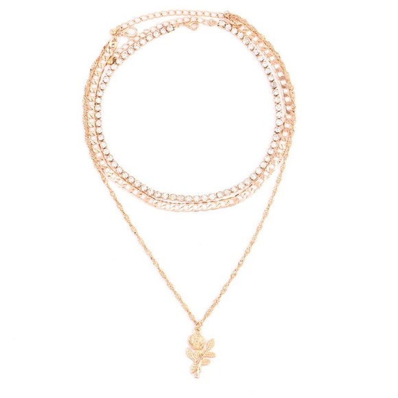 Layered Rose Pendant Rhinestone Gold Necklace - Picture 6 of 8